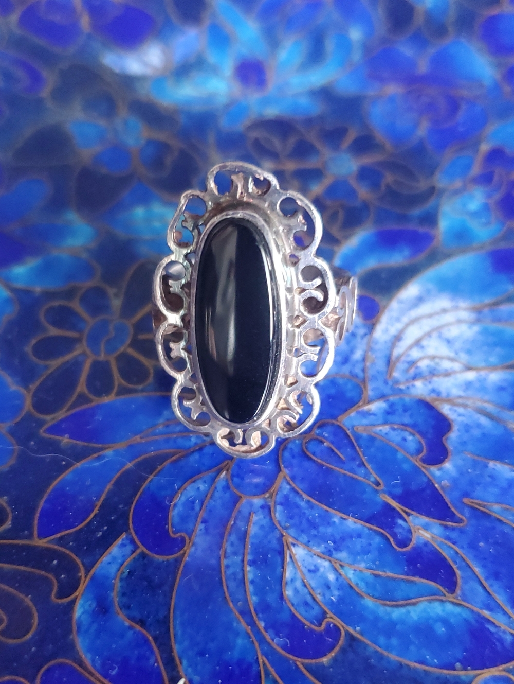 Vintage 925 Sterling Silver Filigree Ring Black Glass Onyx Style Sz 8 70s 80s 90